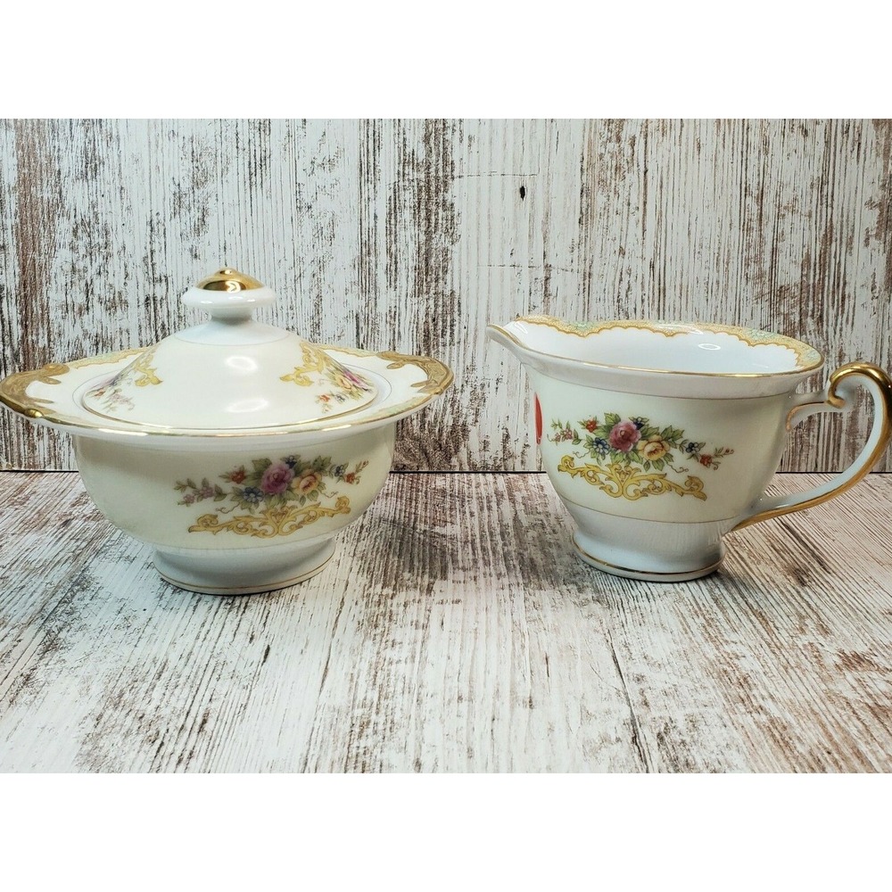 Vintage Kikusiu Fine China Lidded Sugar Bowl & Creamer Green Gold Floral Japan